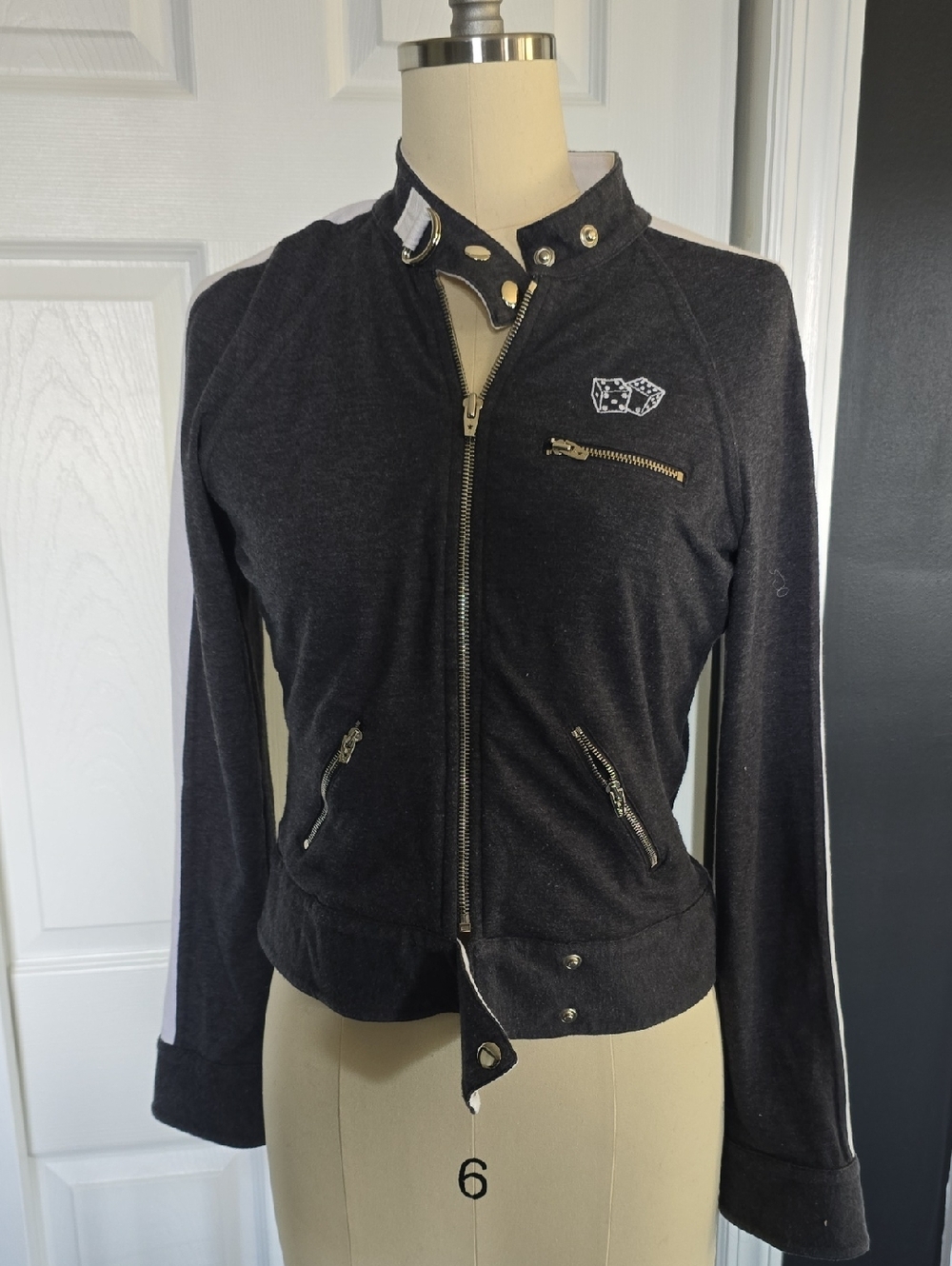 bebe Sport Heather Grey Moto Bomber Knit Stretch Jacket with White Sleeve Stripe